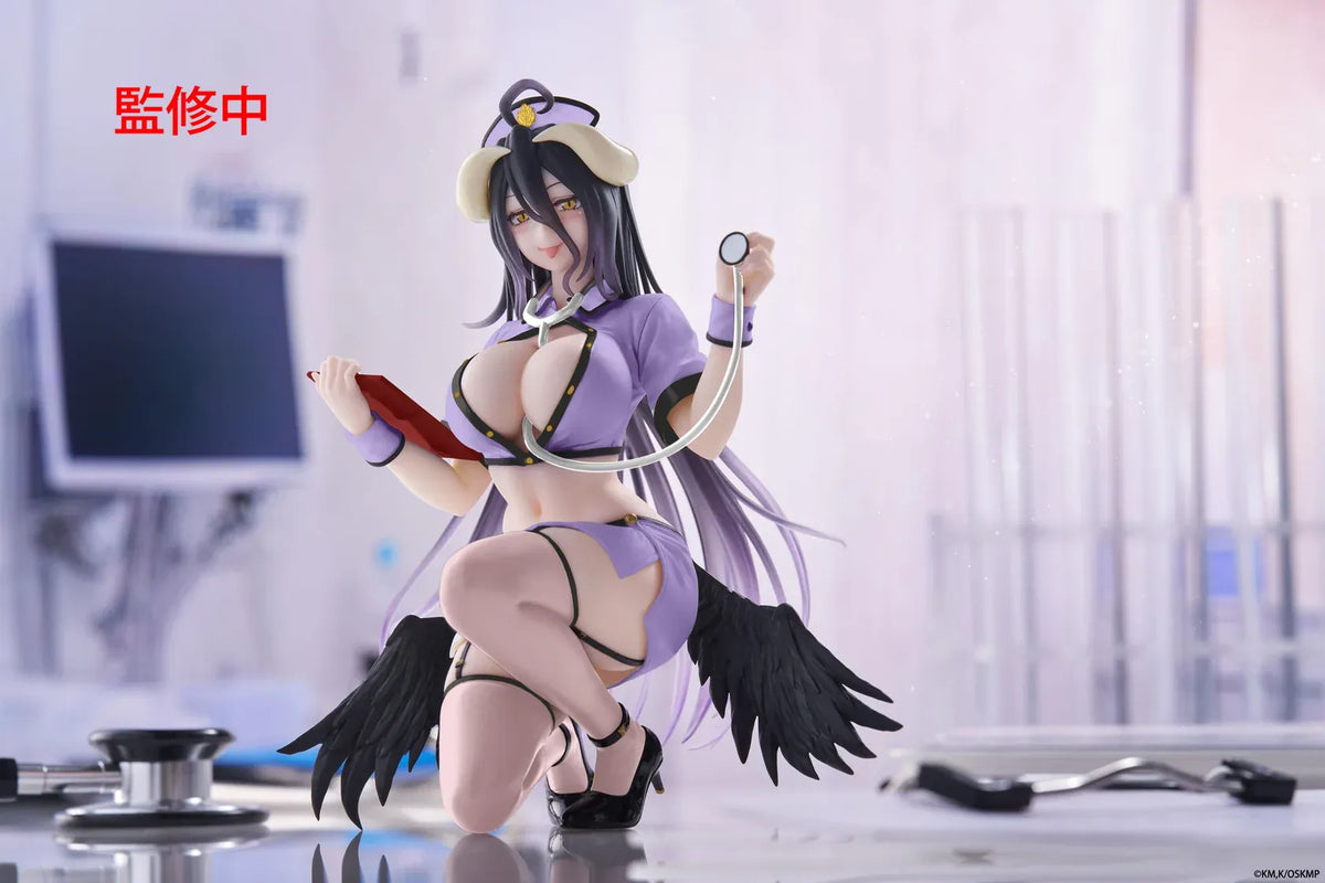 Overlord Desktop Cute Albedo Nurse Ver. figure wearing a lavender nurse uniform with a matching cap and stethoscope.