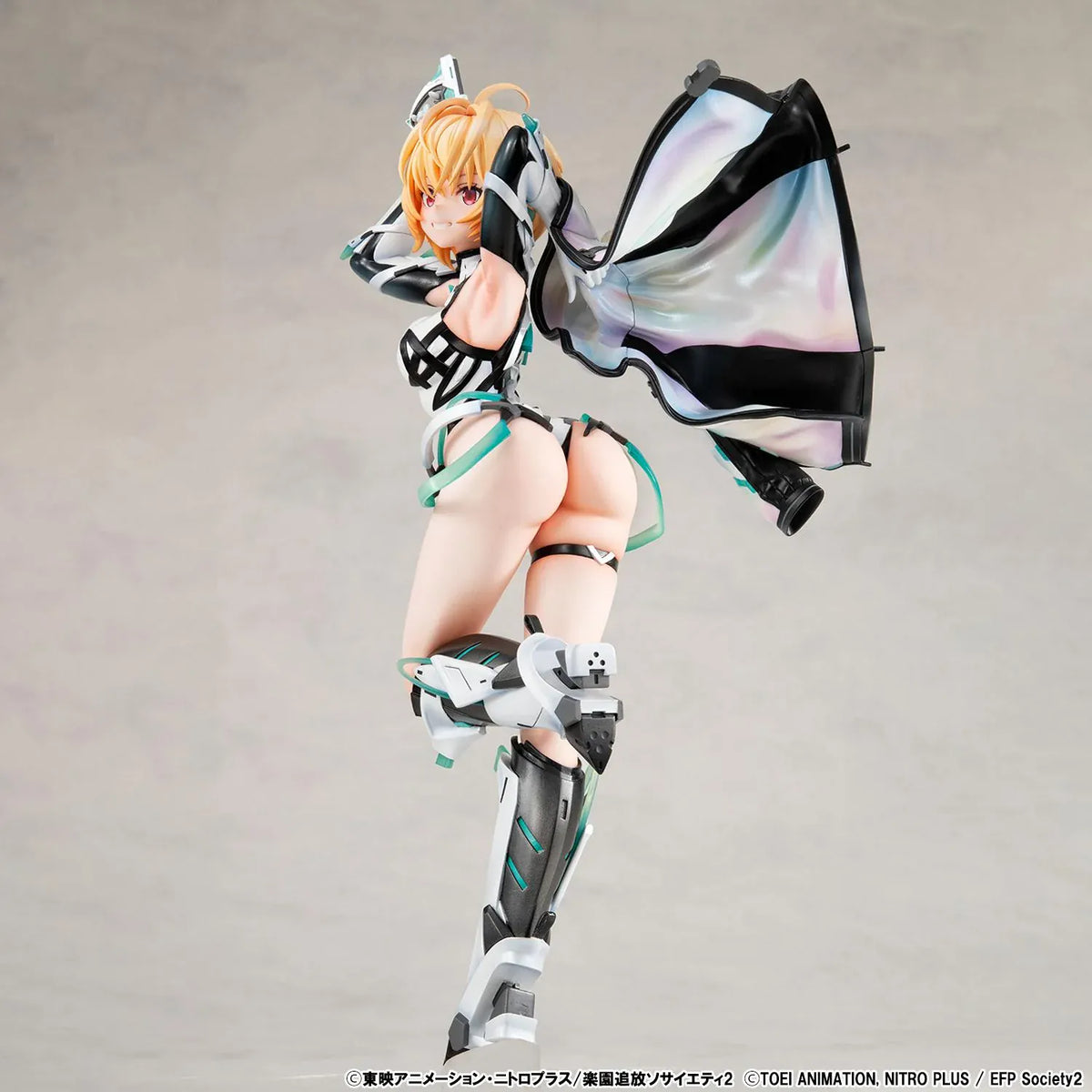 Lucrea Gabriel figure with golden hair, red eyes, black and white futuristic armor, turquoise accents, and a flowing iridescent-lined jacket.