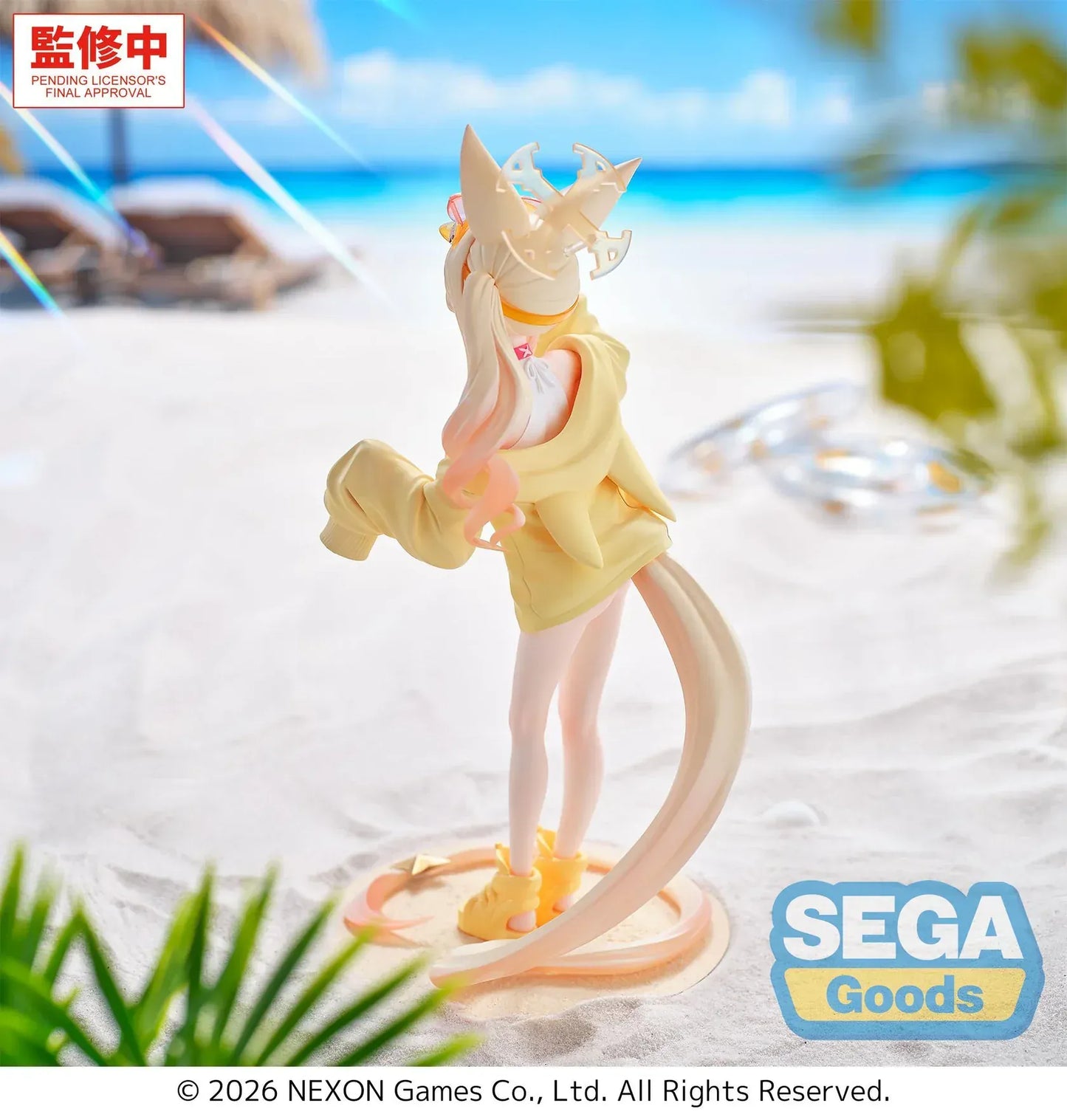 Seia swimsuit figure from Blue Archive with fox ears tail and oversized jacket standing on base