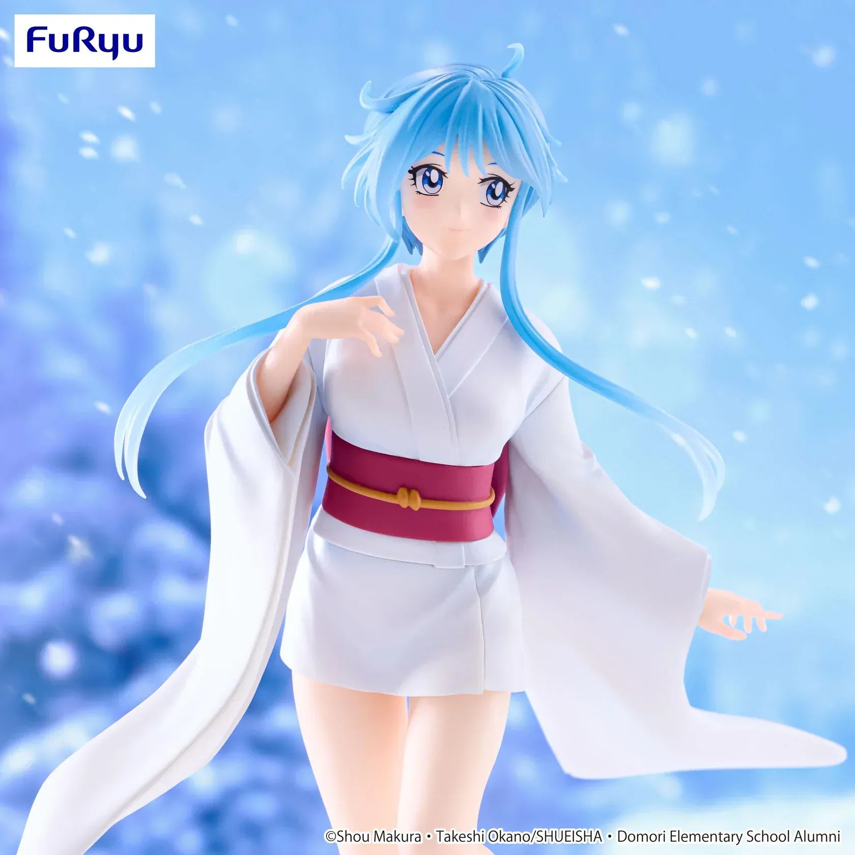 Anime figure of Yukime from Hell Teacher: Jigoku Sensei Nube walking across a snowy base in a flowing white yukata with long blue hair and a red obi.