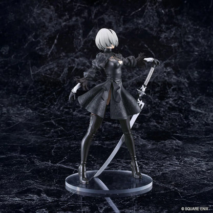 NieR POP UP PARADE 2B YoRHa No.2 Type B L Size Figure featuring a silver-white-haired android wearing a black gothic combat dress, thigh-high boots, and black gloves while holding a large sword on a circular display base.
