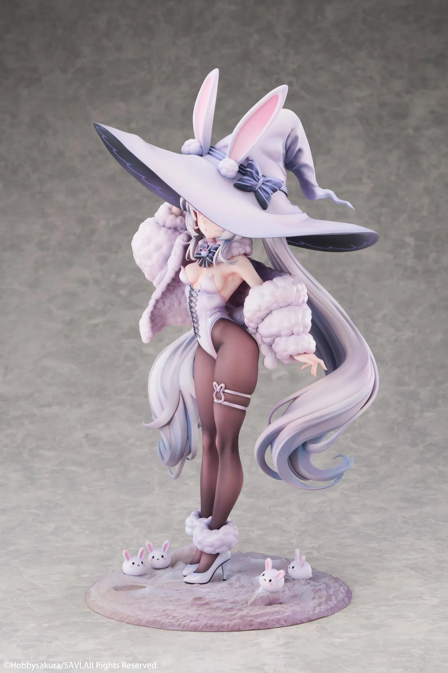 Moon Witch Police Marshmallow Deluxe Ver. 1/6 Scale Figure featuring Marshmallow with silver hair, bunny ear witch hat, lavender outfit, fluffy sleeve accents, bunny companions, and moon-themed display base.