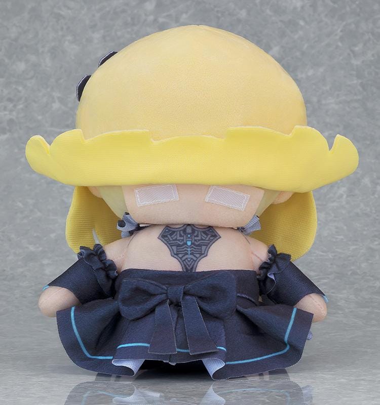 D1AL-ogue Pray plushie with blonde hair, blue accents, a dark outfit, and a flower hair accessory.