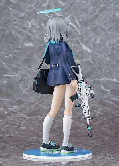 Blue Archive Shiroko 1/7 Scale Figure with silver-gray hair, wolf ears, blue halo, scarf, shoulder bag, and weapon accessory
