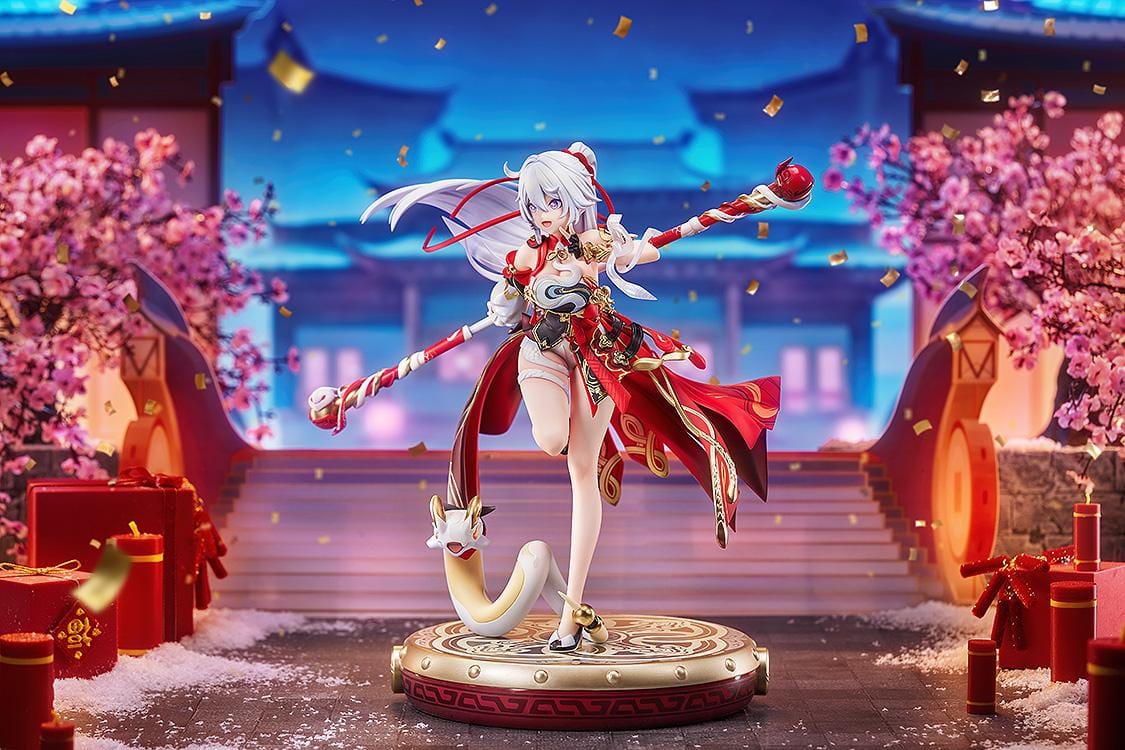 Kiana Ba-Dum Fiery Wishing Star 1/7 scale figure from Honkai Impact 3rd with red outfit, staff weapon, and themed display base