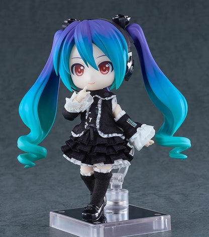 Hatsune Miku Nendoroid Doll Hatsune Miku Infinity Ver. with teal twin-tails, black-and-white frilled outfit, red eyes, and display stand