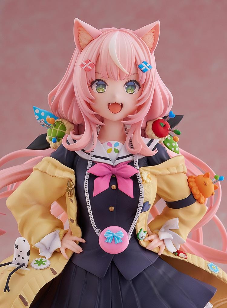 Nijisanji Yang Nari 1/7 scale figure with pink hair, cat ears, school uniform, and yellow coat standing in energetic pose