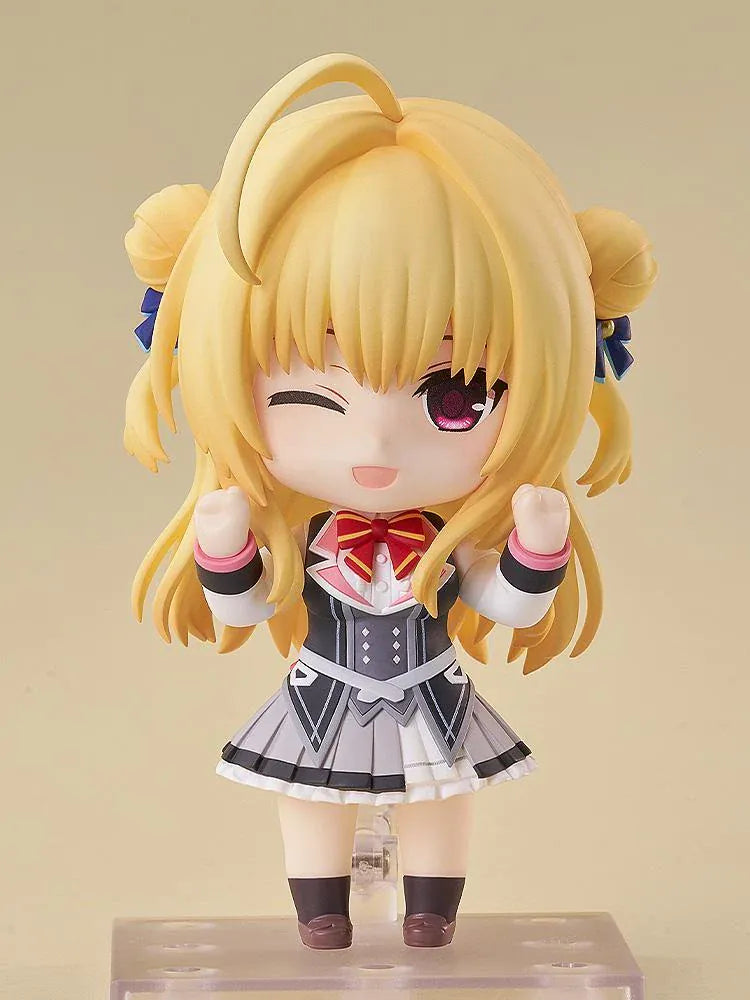 Hamidashi Creative Nendoroid Hiyori Izumi figure with blonde twin buns, pink eyes, navy ribbons, and a detailed school uniform.