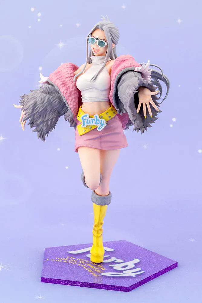 Furby Bishoujo Figure with fashionable character in sunglasses, fuzzy jacket, yellow boots, Furby companion, and glittery display base
