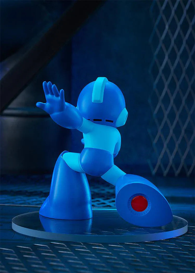 Pop Up Parade Mega Man figure in bright blue armor, posed in a dynamic running attack stance