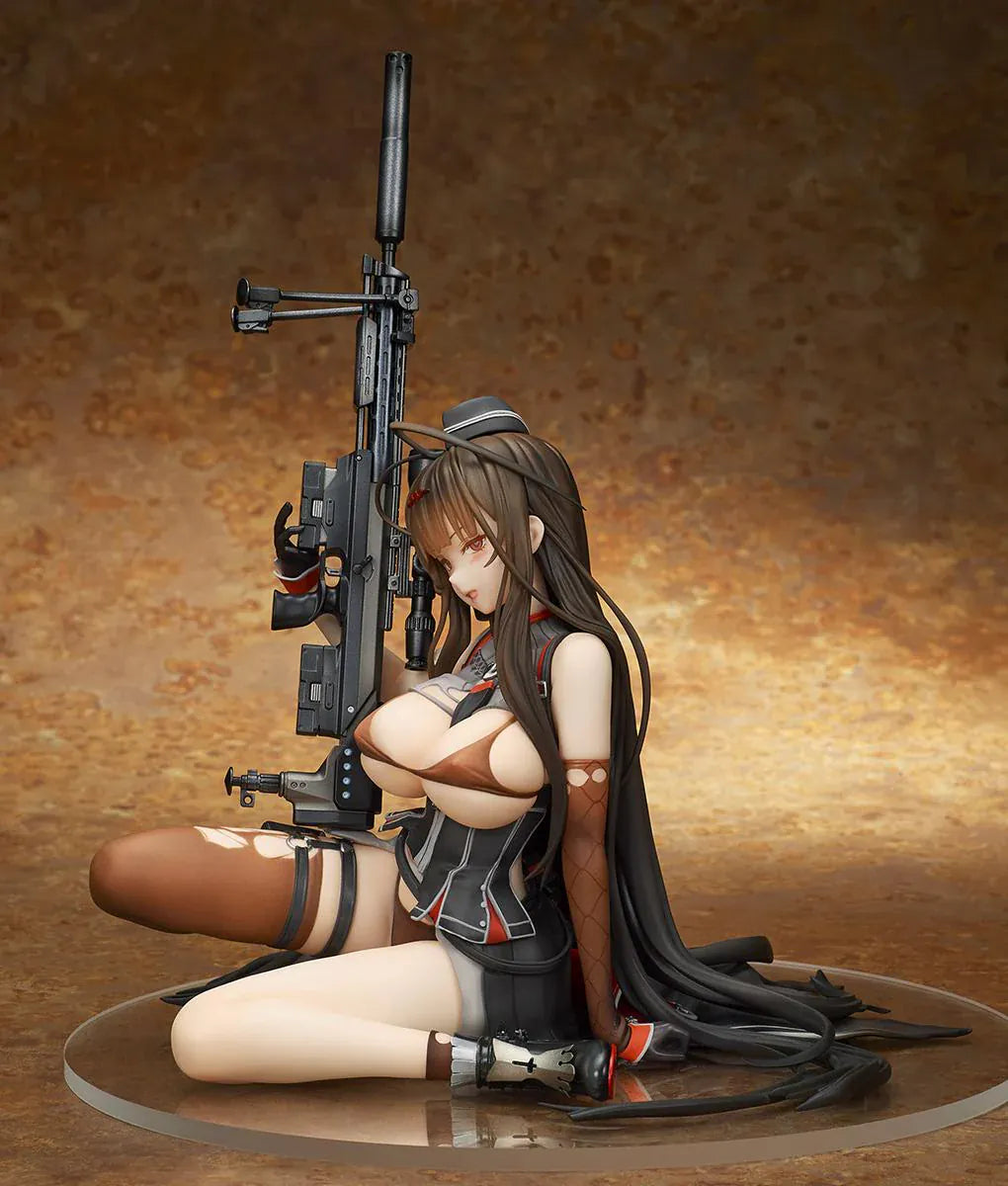 Girls' Frontline GD DSR-50 Heavy Damage 1/7 Scale Figure seated with long brown hair, tactical outfit, sniper rifle accessory, and clear display base
