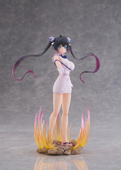 Is It Wrong to Try to Pick Up Girls in a Dungeon V Hestia Divinity Unleashed Limited Edition Ver. 1/7 Scale Figure with twin-tails, white outfit, blue ribbon accents, rocky base, and flame effect parts