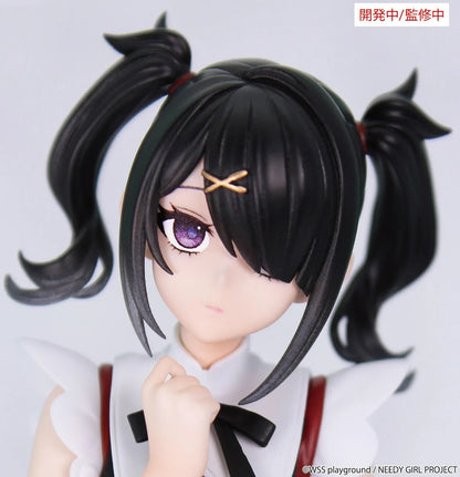 Prototype NEEDY GIRL OVERDOSE Vivit AME-CHAN figure with black twin ponytails, a red-and-black dress, gold-colored details, and platform boots.