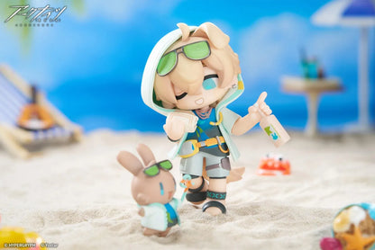 Arknights Cuties Series Tequila Chibi Figure with bunny companion, sunglasses, tropical beach umbrella, palm tree, and beach accessories