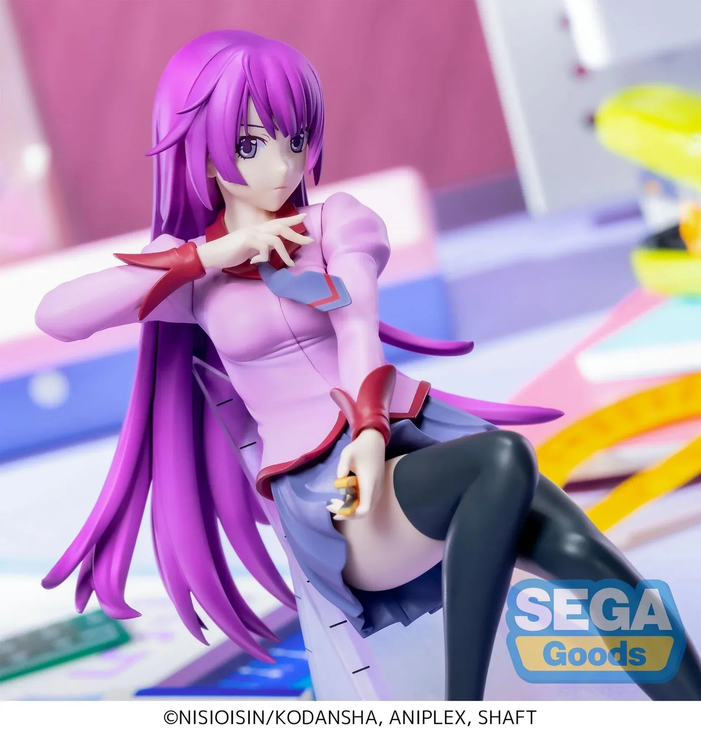 Monogatari Luminasta Hitagi Senjyogahara Figure with purple hair, school outfit, black stockings, and clear staircase display base