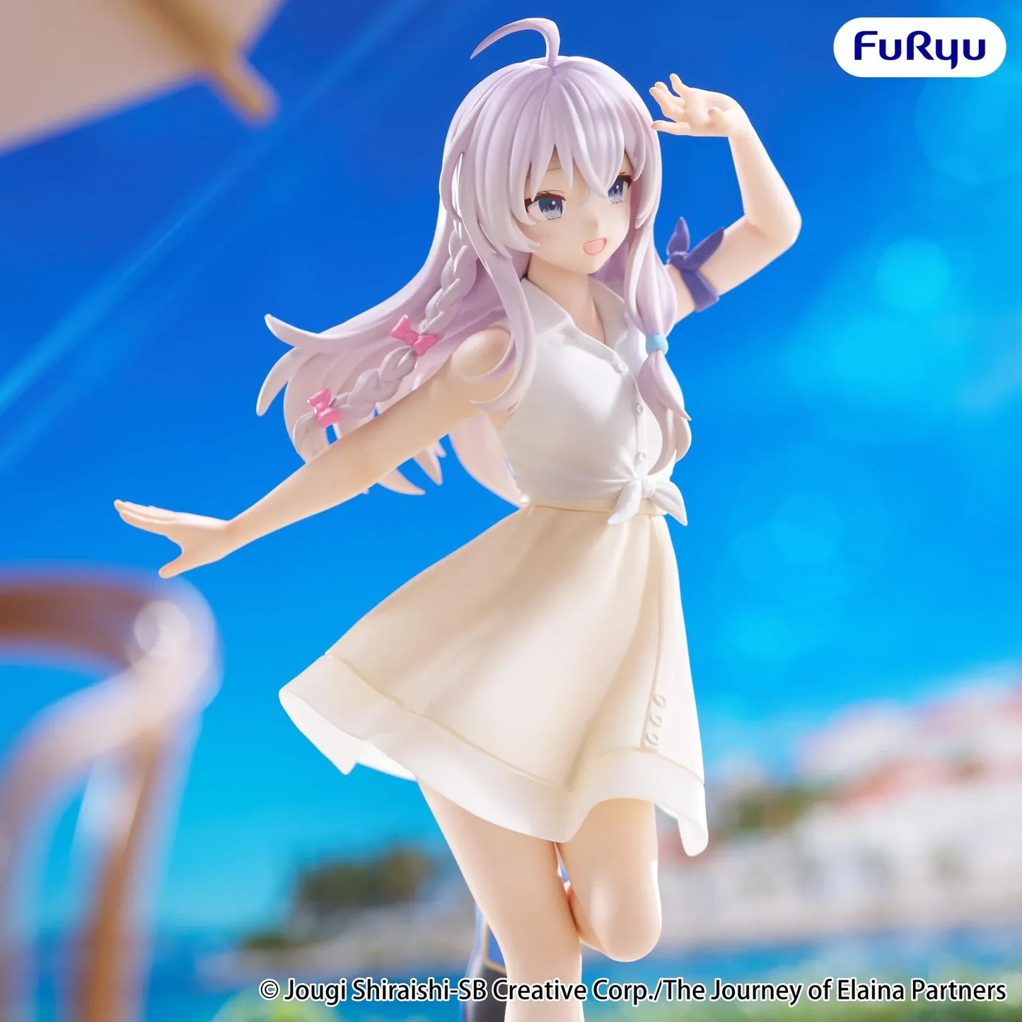 Elaina Muchute White Version figure from Wandering Witch The Journey of Elaina in white dress with scenic background
