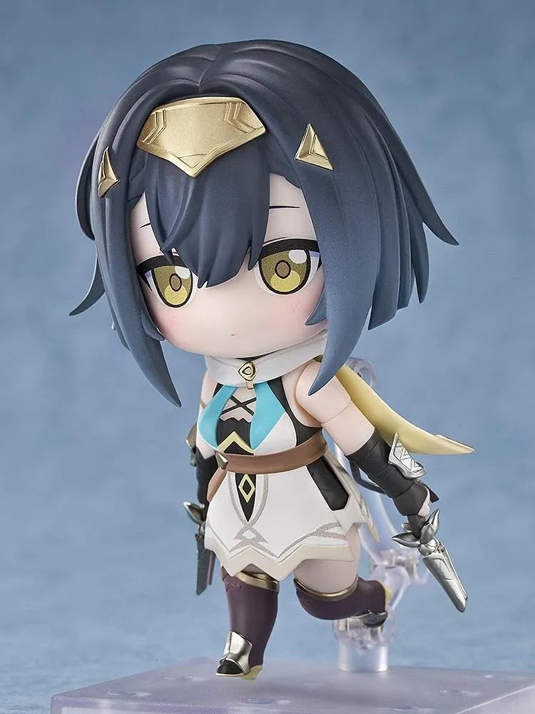 Stella Sora Nendoroid Amber Figure featuring a dark blue-haired anime girl with golden eyes wearing a white and teal outfit with gold accents, black gloves, armored boots, and holding two silver weapons.