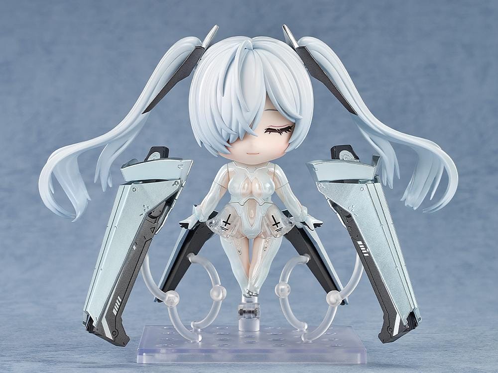 NIKKE Nendoroid Cinderella chibi figure with white twin tails and mechanical weapon arms
