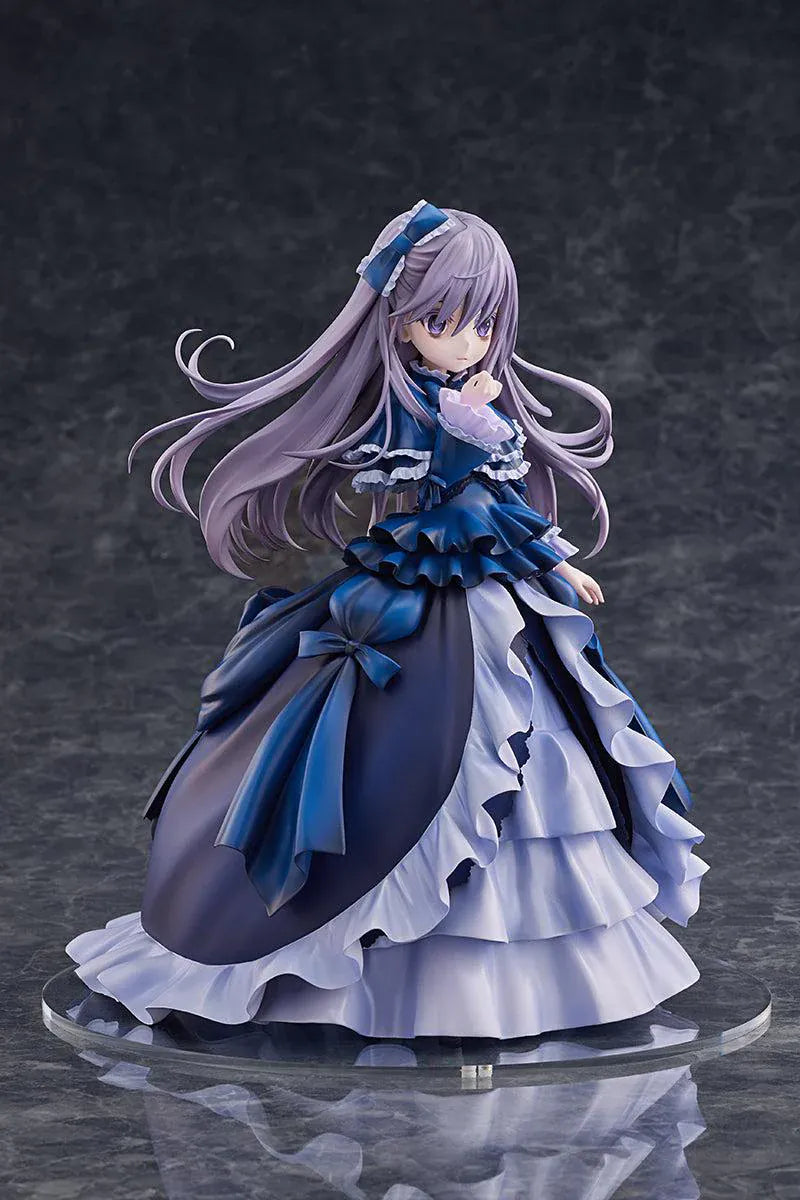 Yu-Gi-Oh! Monster Figure Collection Ghost Belle and Haunted Mansion 1/7 Scale Figure with lavender hair, dark blue gothic dress, layered ruffles, and clear display base