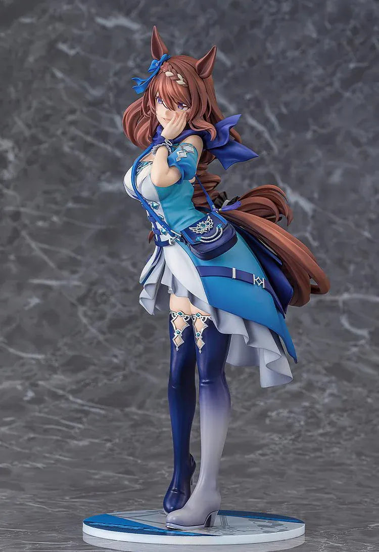 Umamusume Cinderella Gray Super Creek figure with flowing brown hair, a blue and white outfit, shoulder bag, and tall boots, posed with a hand against her cheek.