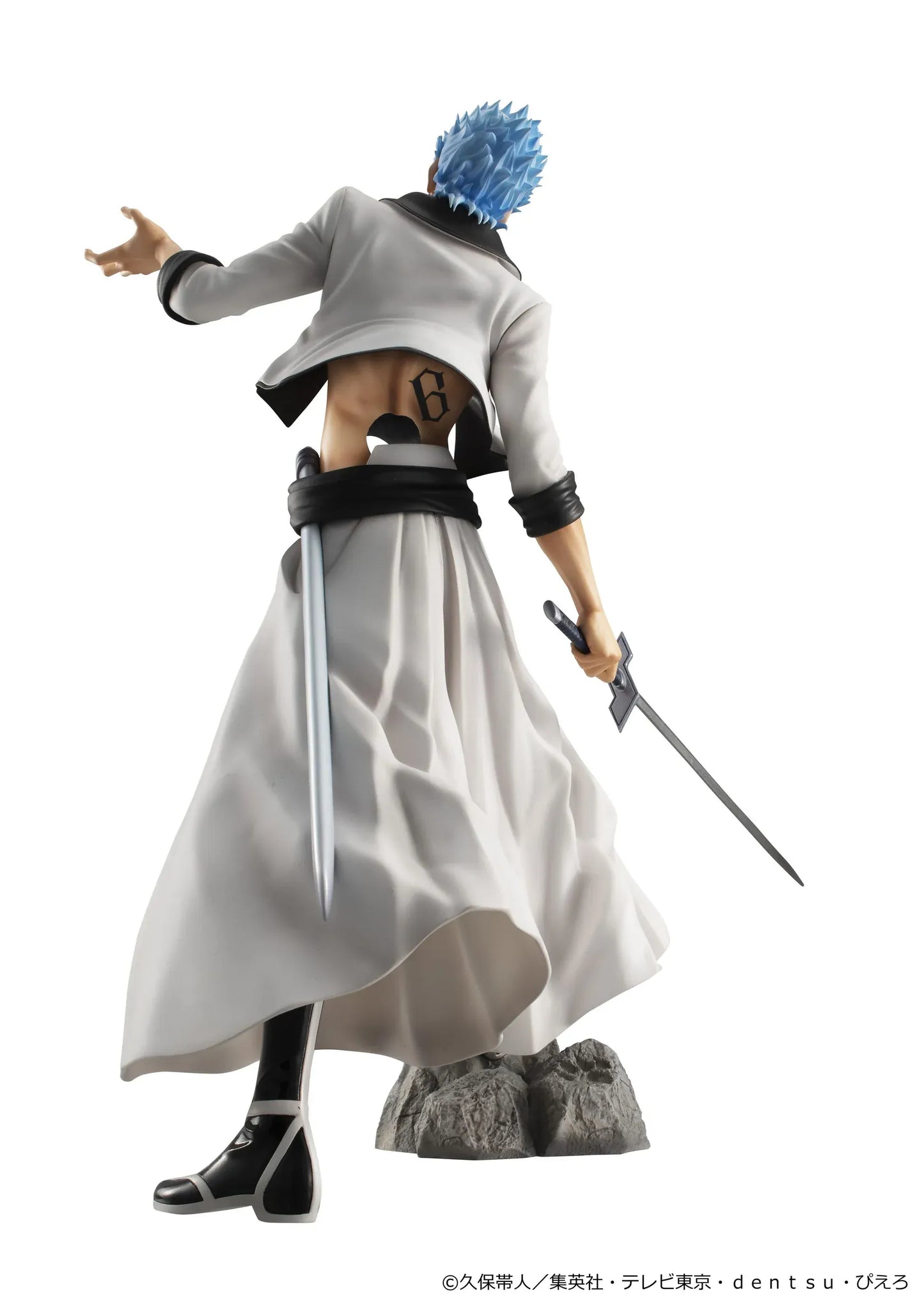 Bleach G.E.M. Series Grimmjow Jaegerjaquez Rerelease figure with blue hair, white Arrancar outfit, sword, and rocky display base