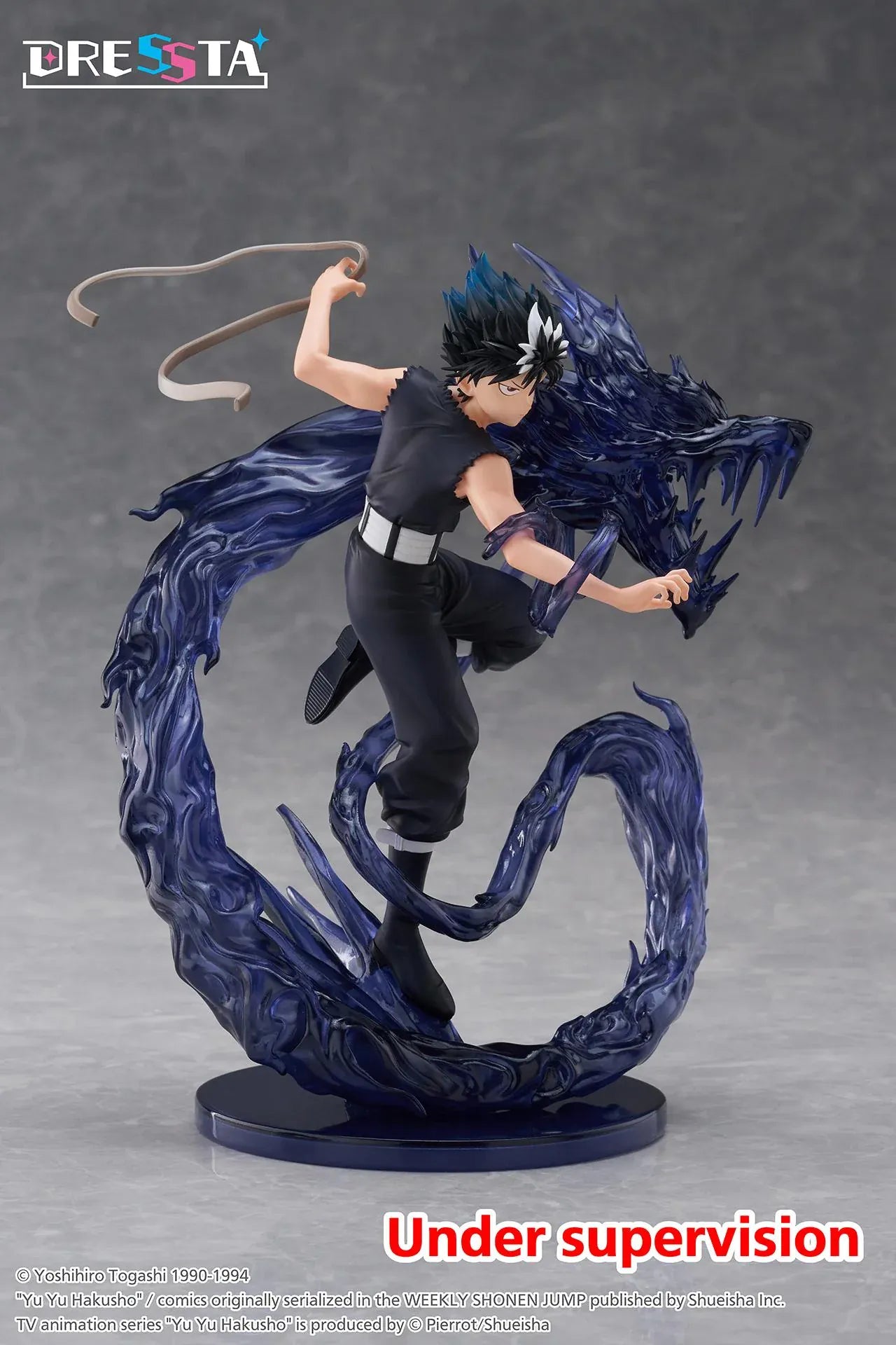 Yu Yu Hakusho Dressta Hiei Figure with black outfit, spiked hair, battle pose, and dark dragon energy effect