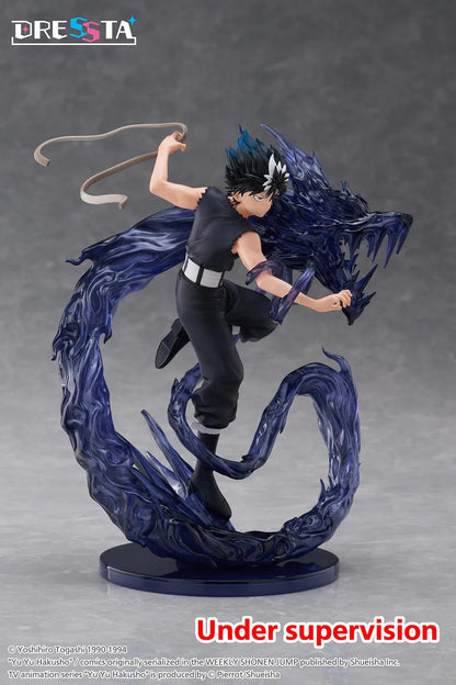 Yu Yu Hakusho Dressta Hiei Figure with black outfit, spiked hair, battle pose, and dark dragon energy effect