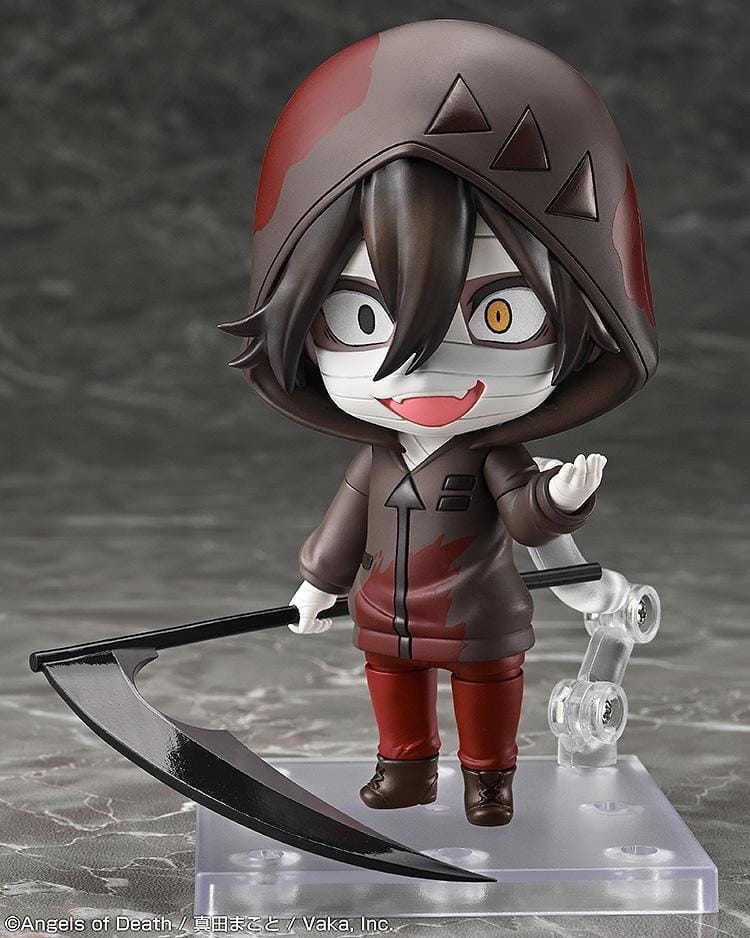 Angels of Death Nendoroid Isaac Foster figure wearing a hooded outfit with bandages and holding a scythe.