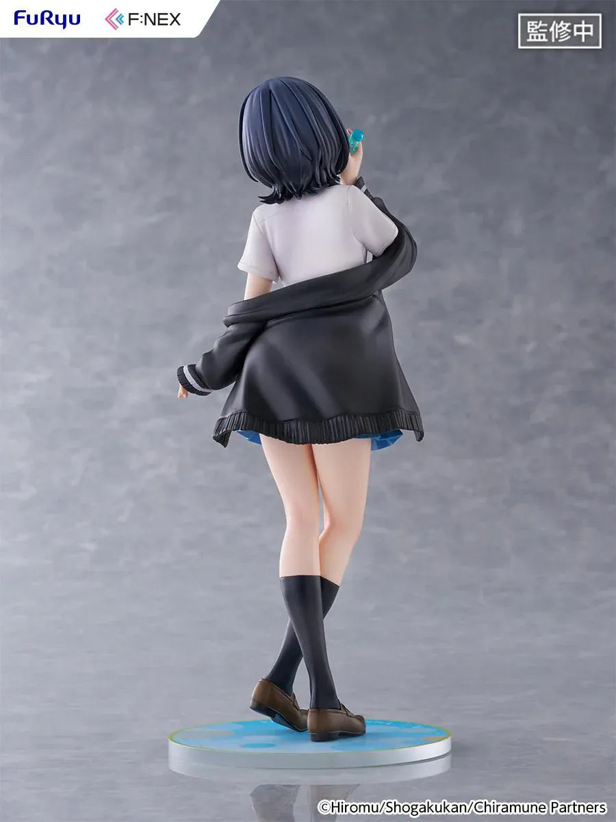 Chitose Is in the Ramune Bottle Yuzuki Nanase 1/7 Scale Figure with short dark hair, blue plaid skirt, school uniform outfit, drink bottle accessory, and display base
