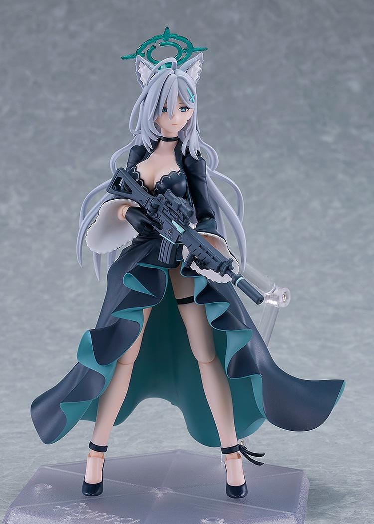 Blue Archive figma Shiroko Terror Figure with silver hair, wolf ears, halo, black outfit, flowing coat, and weapon accessory