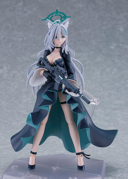 Blue Archive figma Shiroko Terror Figure with silver hair, wolf ears, halo, black outfit, flowing coat, and weapon accessory
