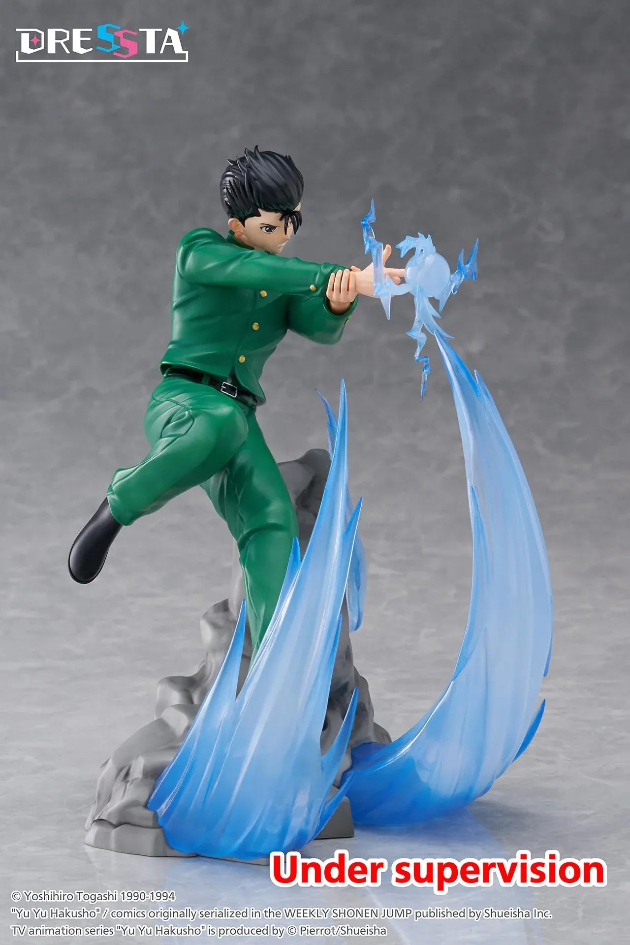 Yu Yu Hakusho Dressta Yusuke Urameshi Figure in green school uniform with blue spirit energy effect and rocky display base