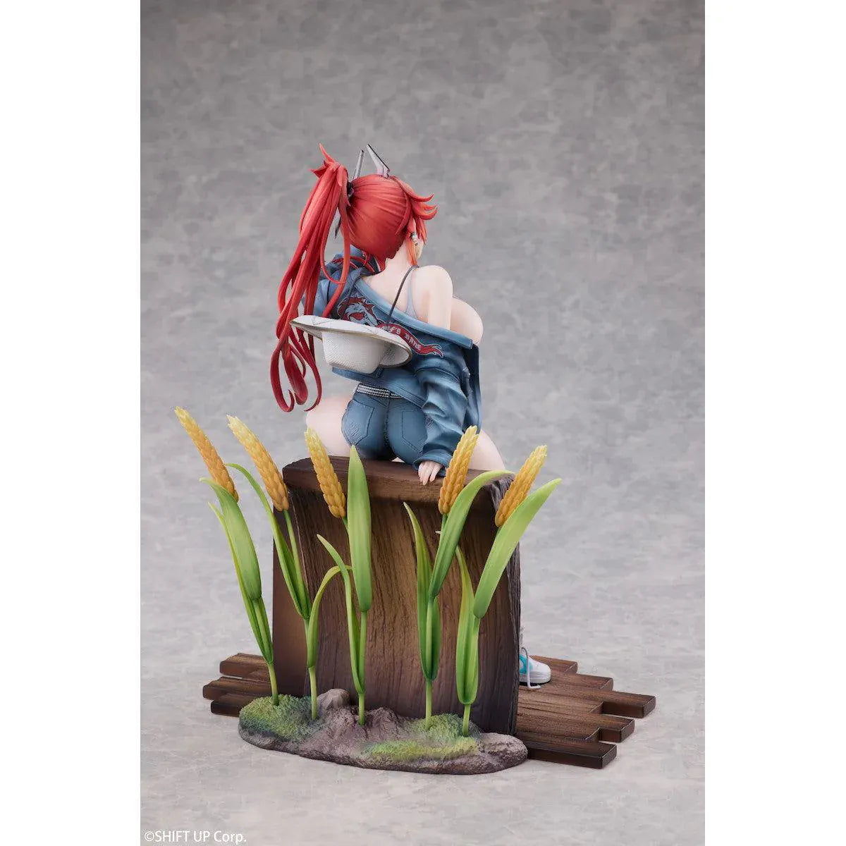 Goddess of Victory Nikke Red Hood Retro Days Deluxe Ver. 1/7 Scale Figure with long red hair, casual outfit, seated pose, and retro diorama base