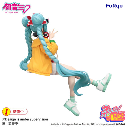 Hatsune Miku Digital Stars 2025 Noodle Stopper Figure by FuRyu featuring Miku with braided turquoise twin-tails, yellow jacket, headphones, shorts, and pixel sunglasses