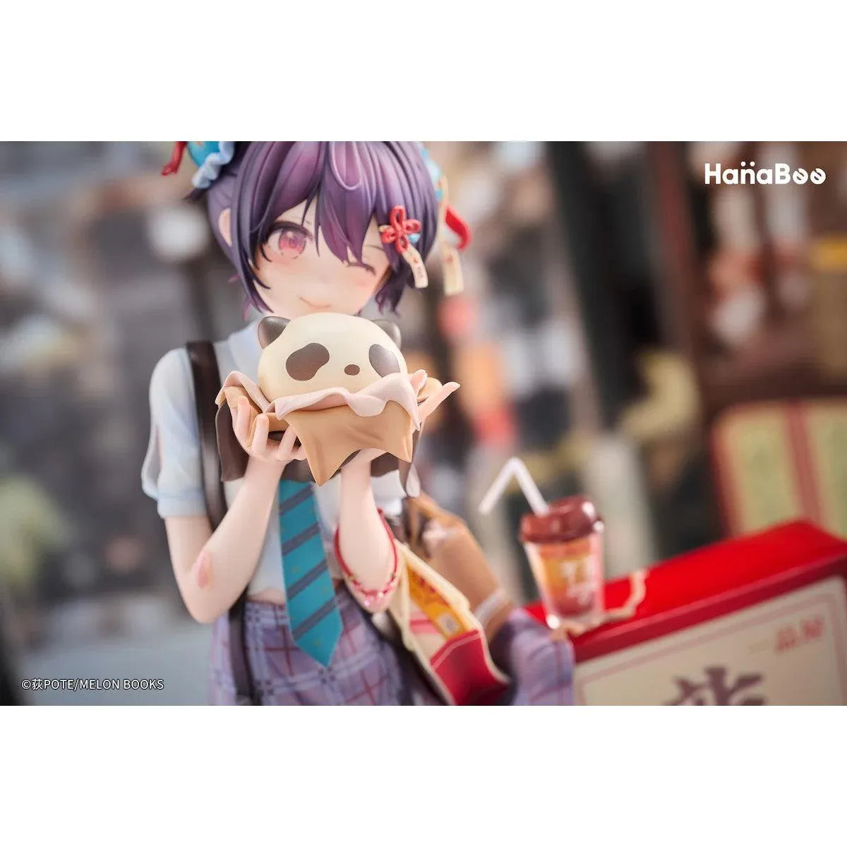 Panda Nikuman-chan Illustrated by Ogipote Deluxe Edition 1/6 Scale Figure featuring a purple-haired anime girl in a plaid skirt holding a panda-shaped steamed bun beside a red street food sign, accompanied by a matching illustrated wall scroll.