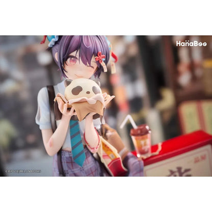 Panda Nikuman-chan Illustrated by Ogipote Deluxe Edition 1/6 Scale Figure featuring a purple-haired anime girl in a plaid skirt holding a panda-shaped steamed bun beside a red street food sign, accompanied by a matching illustrated wall scroll.