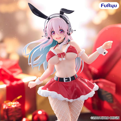 Nitroplus Super Sonico BiCute Bunnies Santa Ver. figure wearing a festive red bunny outfit with headphones, bunny ears, fishnet tights, and gradient pink-and-blue hair