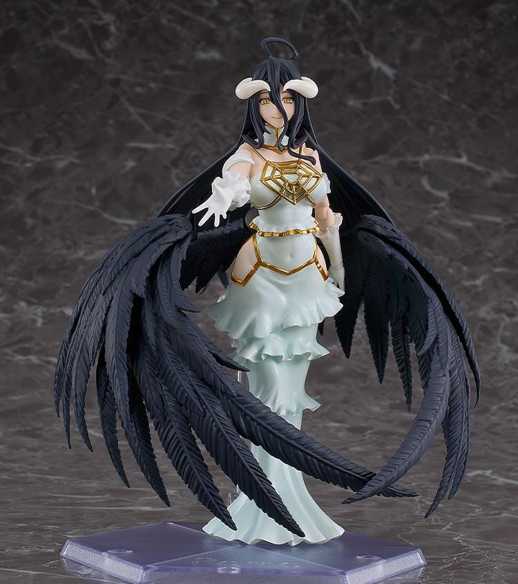 Overlord The Holy Kingdom figma Albedo Figure wearing her white and gold dress with large black feathered wings and signature horns