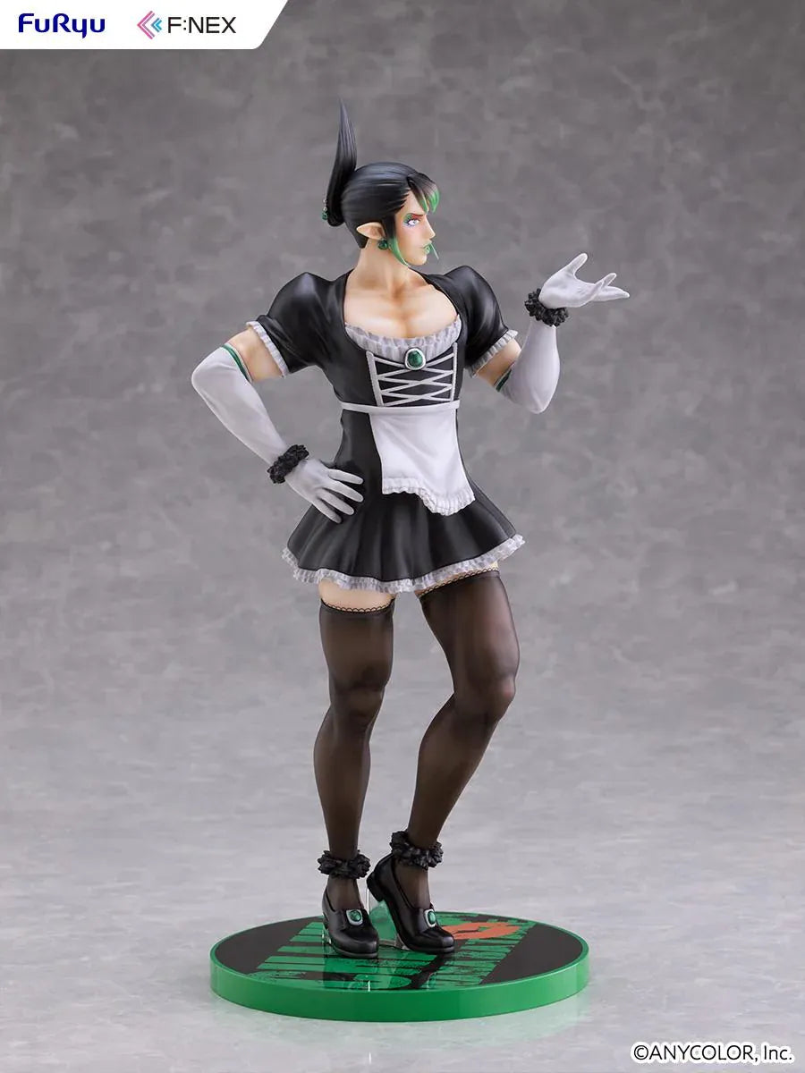 Hanabatake Chaika 1/7 Scale Figure by FuRyu F featuring a VTuber with tall black hair, green highlights, pointed ears, and a black and white maid outfit with white gloves, dark stockings, and black heels on a green circular display base.