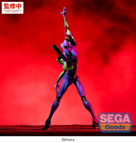 Evangelion FIGURIZMα Test Type-01 figure with purple and green armor, an open mouth, and one arm raised overhead in a wide stance beside a clear circular base.