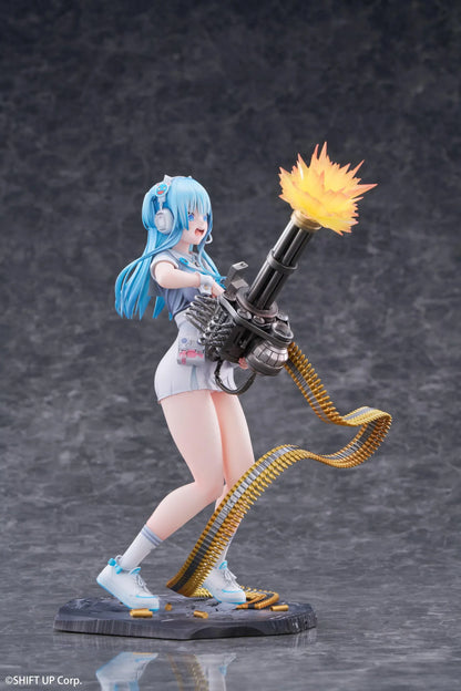 Goddess of Victory Nikke Shifty Illustration Panic Sight Deluxe Ver. 1/7 Scale Figure featuring Shifty with blue hair, tactical outfit, oversized weapon, firing effect, and ammo belt display details.