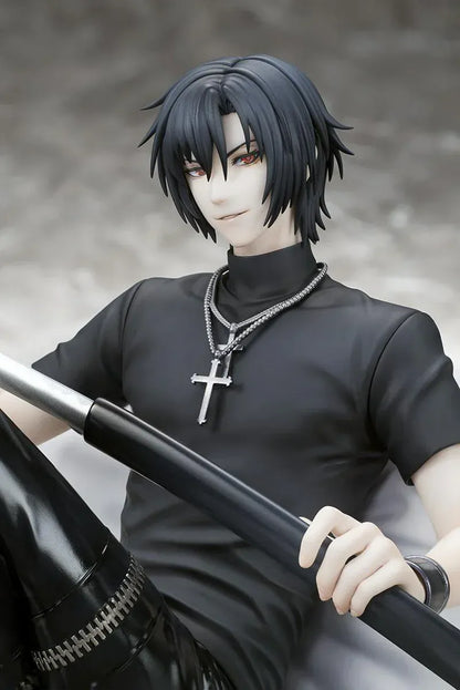 Shiki 1/7 scale figure from Togainu no Chi sitting with sword wearing black outfit on cushion base