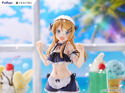 Oreimo Tenitol Tall Kirino Kousaka Swimsuit Maid Ver. Figure featuring Kirino in a navy and white maid swimsuit posing energetically by a beachside dessert setup