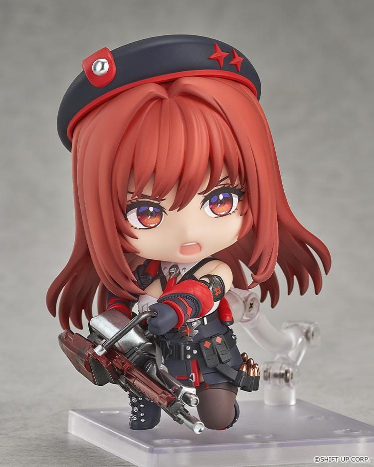 GODDESS OF VICTORY NIKKE Nendoroid Rapi Red Hood Figure with red hair, black-and-red tactical outfit, cap, and large weapon accessory