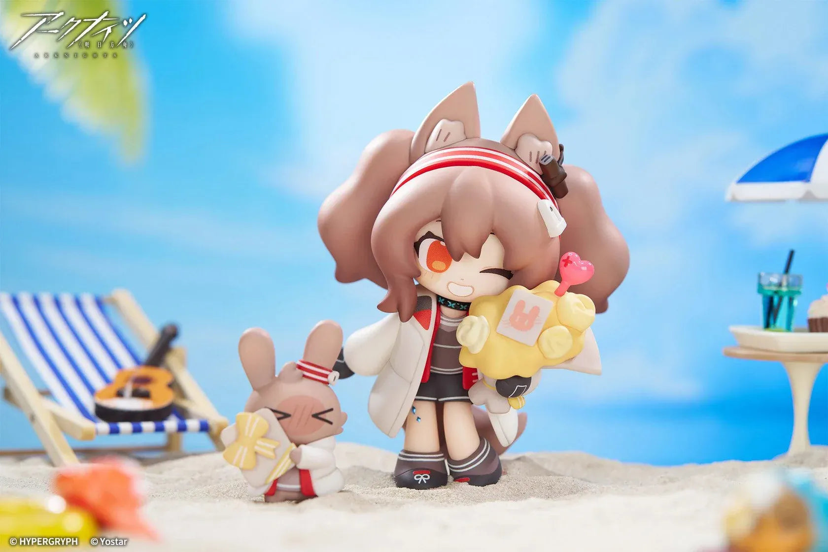 Arknights Cuties Series Angelina Chibi Figure with bunny companion, flower bouquet, baskets, and flower shop display accessories