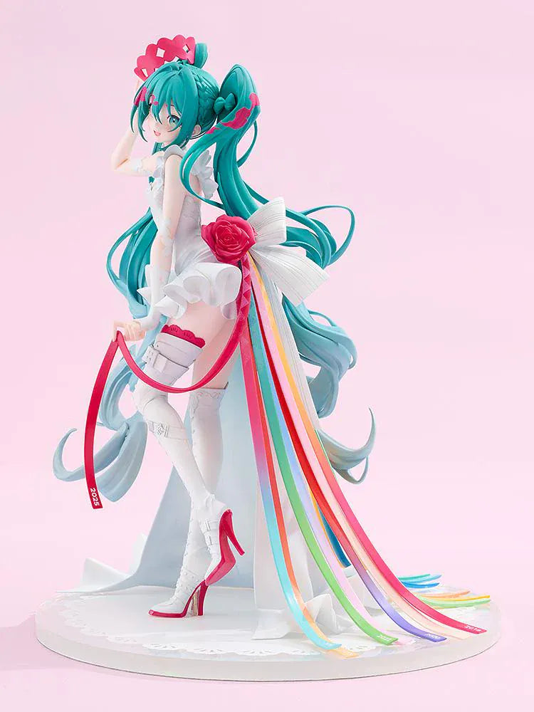 GOOD SMILE RACING G.S. Collection Racing Miku 15th Rhapsody 2010-2025 1/7 Scale Figure with white outfit, teal twin-tails, red rose, and colorful ribbons