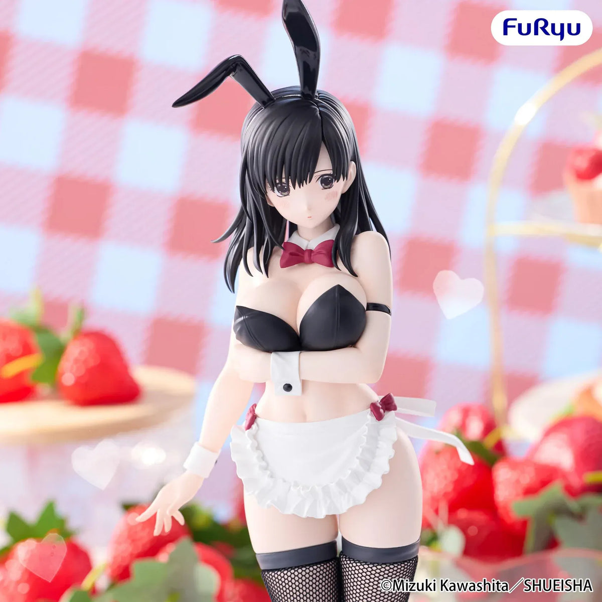 Strawberry 100% Aya Toujou BiCute Bunnies figure with black bunny ears, dark hair, a white ruffled apron, burgundy bows, and patterned stockings.