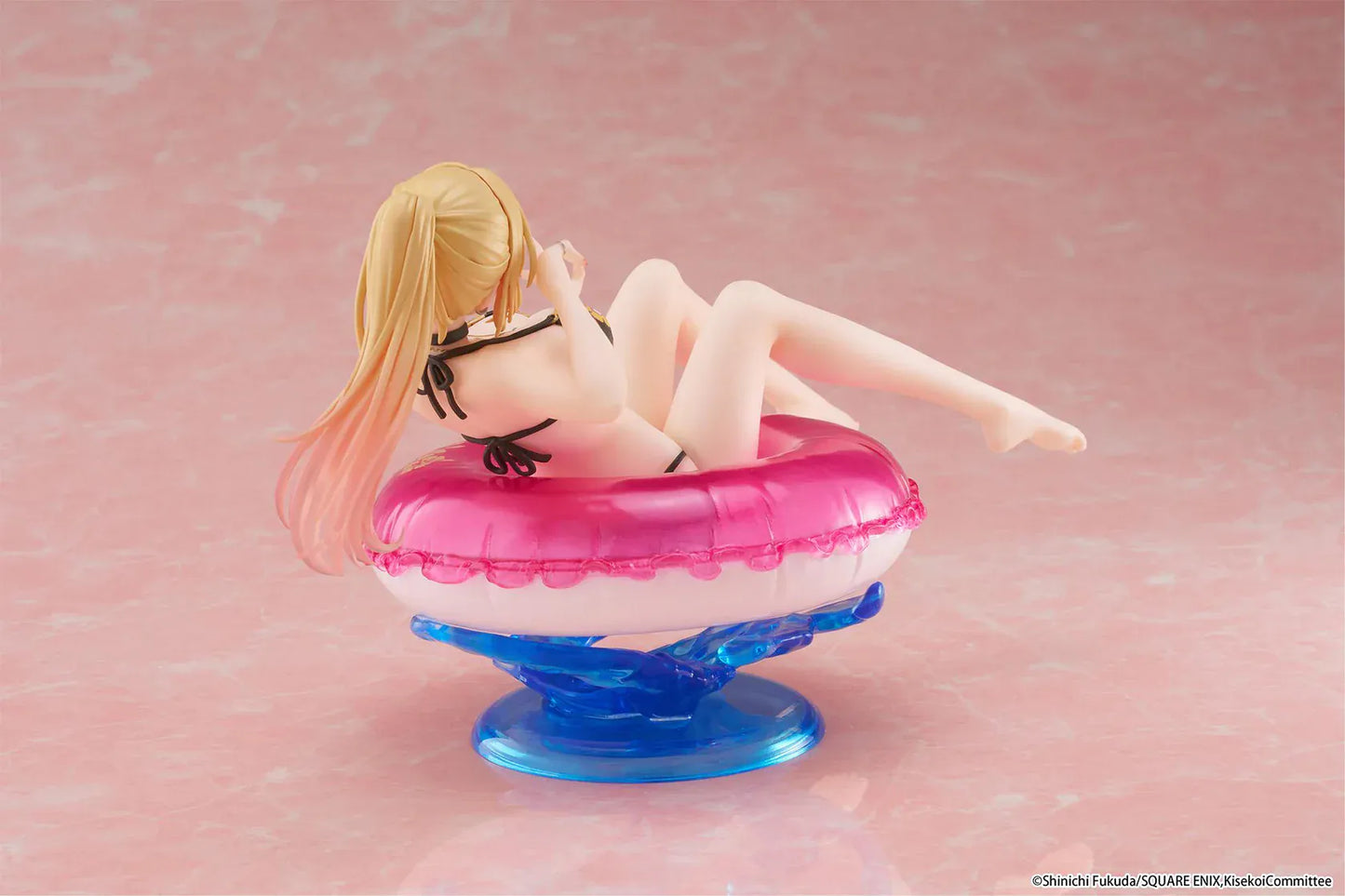 My Dress-Up Darling Aqua Float Girls Marin Kitagawa Figure Rerelease featuring Marin relaxing on a pink swim float with floral swimsuit and translucent water-style base.