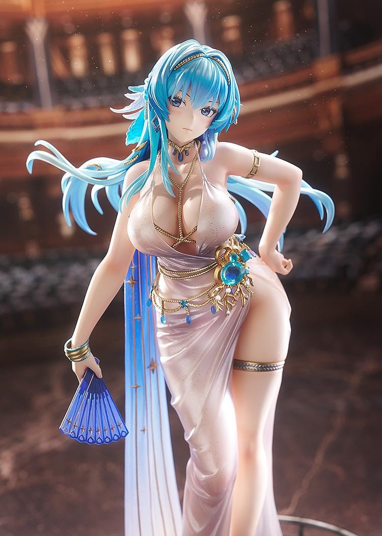 Goddess of Victory: Nikke Helm Chandelier 1/7 scale figure in shimmering pale dress with blue hair, gold accessories, and fan on ship-like base