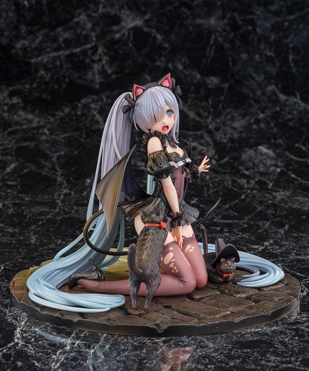 Azur Lane Janus Fright Night Scaredy Cat Ver. 1/7 scale figure featuring Janus in a Halloween-themed gothic outfit with cat ears, bat wings, black cats, and a detailed display base
